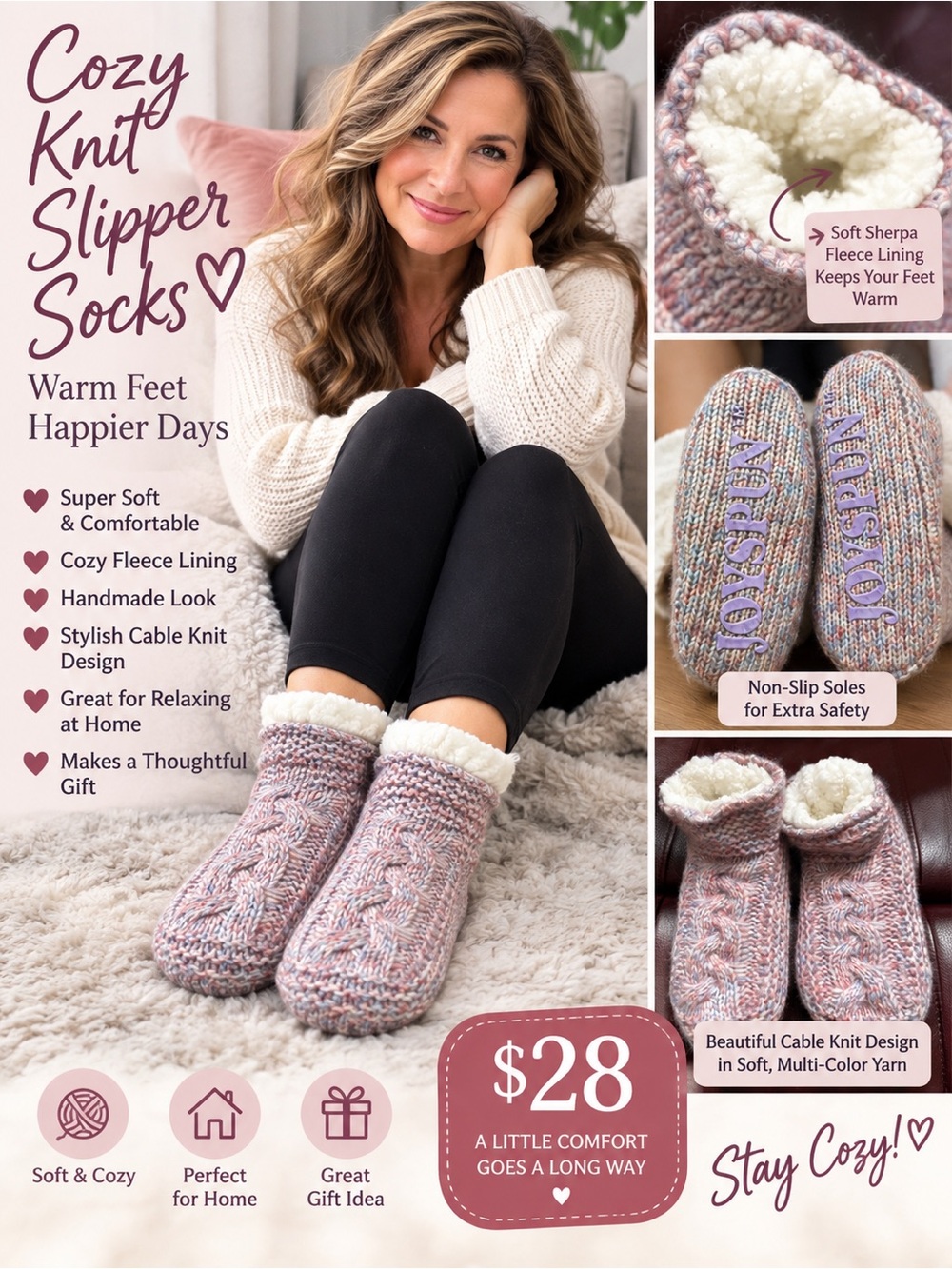 Plush Pink Cable-Knit Slipper Boots with Sherpa Lining